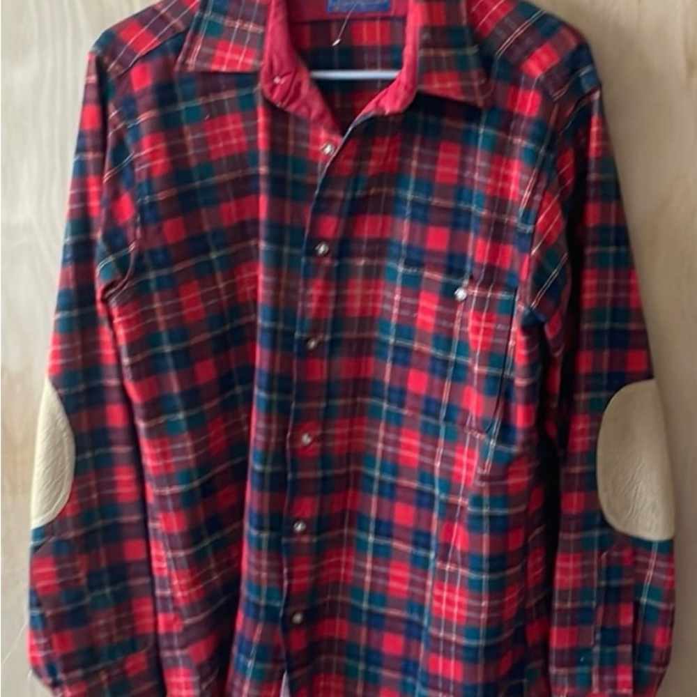 🔥 Vintage Pendleton Wool Shirt – Made in USA – Red Plaid Tartan w/ Elbow Patches